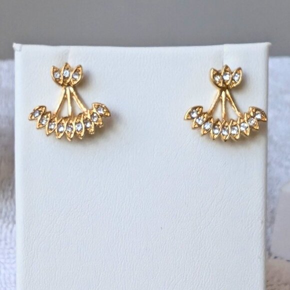 Jewelry - Gold Rhinestone Leaf Earrings Under the Lobe Jacket or Wear as Posts NEW